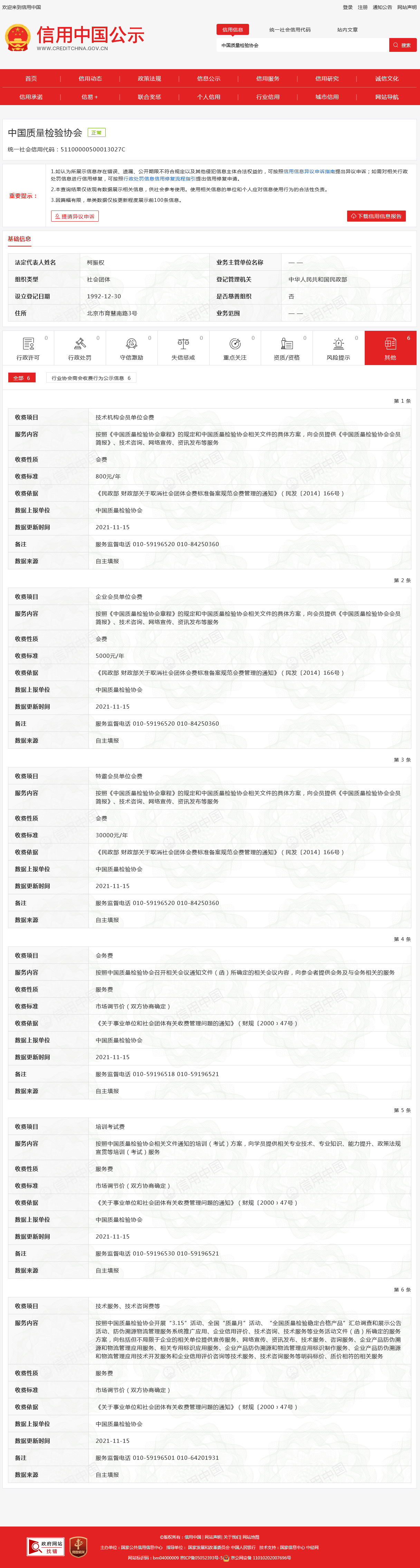 信用中國(guó)公示 中國(guó)質(zhì)量檢驗(yàn)協(xié)會(huì)統(tǒng)一社會(huì)信用代碼：51100000500013027C