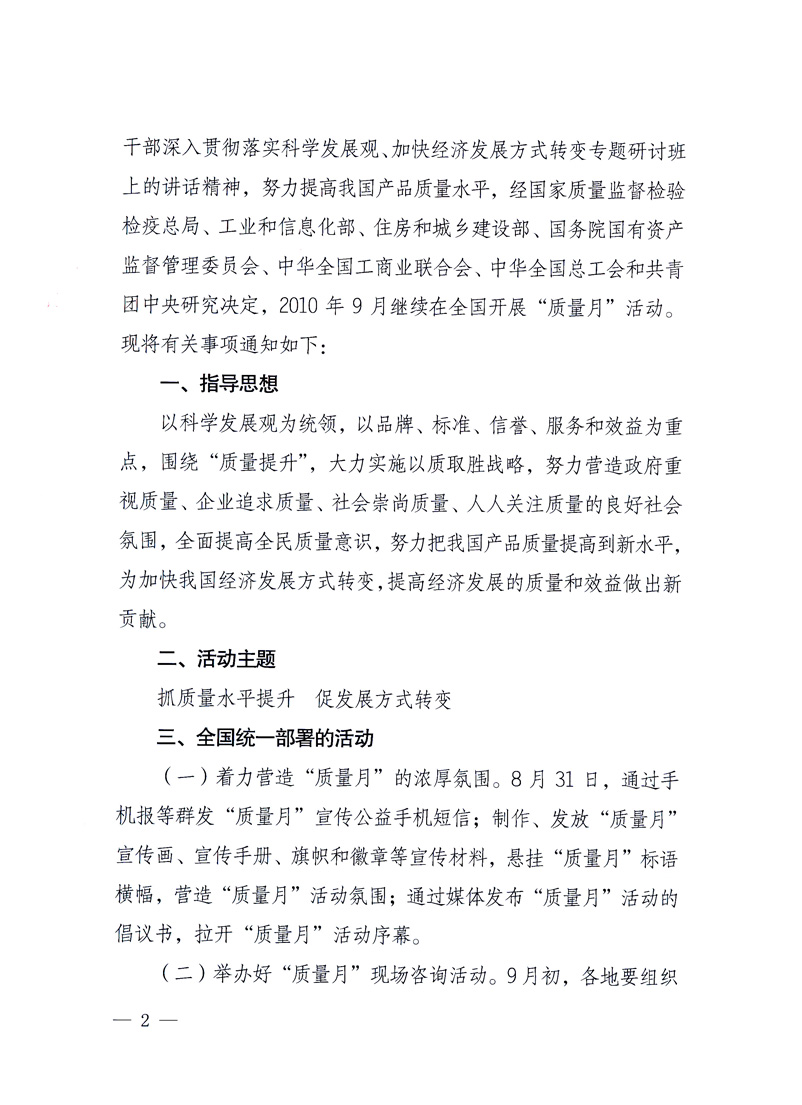 國家質(zhì)量監(jiān)督檢驗檢疫總局、工業(yè)和信息化部、住房和城鄉(xiāng)建設(shè)部、國務(wù)院國有資產(chǎn)監(jiān)督管理委員會、中華全國工商業(yè)聯(lián)合會、中華全國總工會、共青團中央《關(guān)于開展2010年全國“質(zhì)量月”活動的通知》