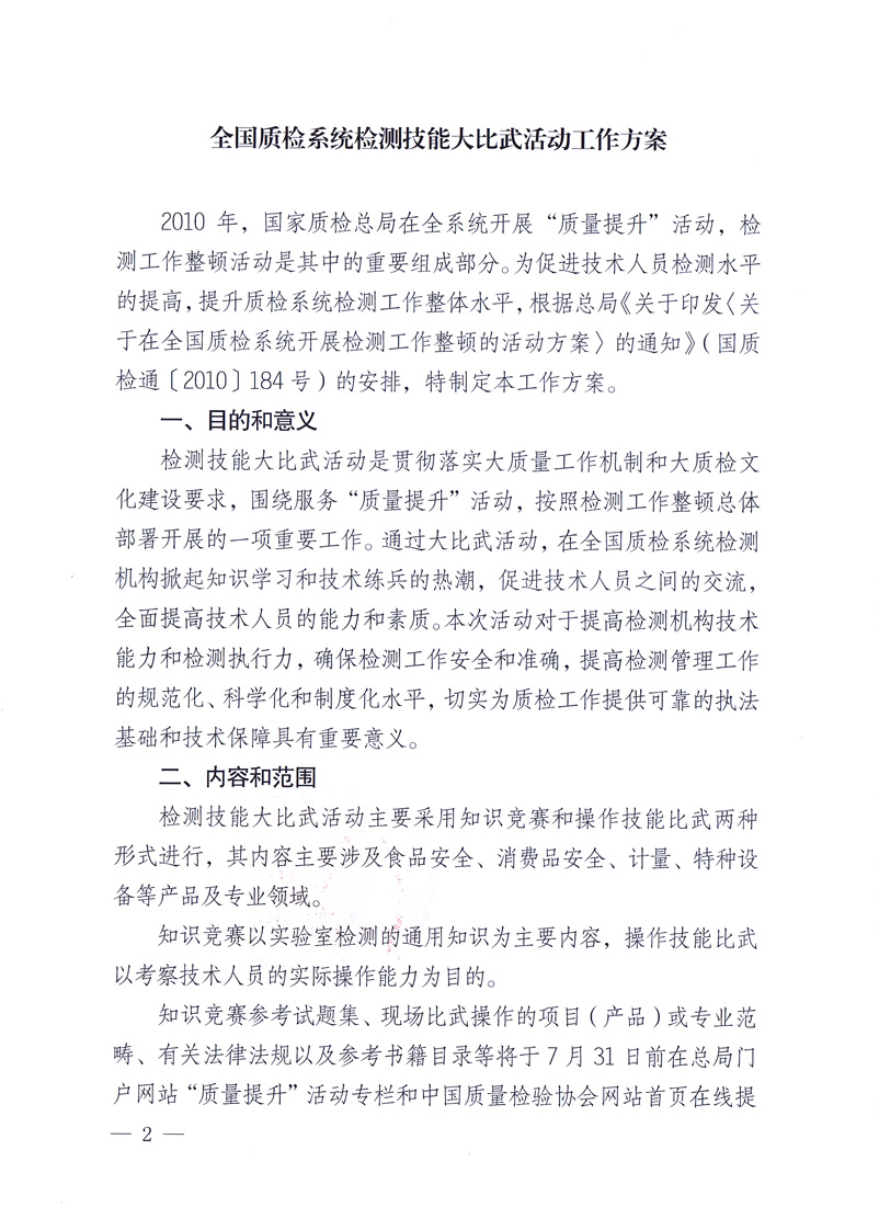 國家質(zhì)量監(jiān)督檢驗(yàn)檢疫總局《關(guān)于印發(fā)<全國質(zhì)檢系統(tǒng)檢測(cè)技能大比武活動(dòng)工作方案>的通知》