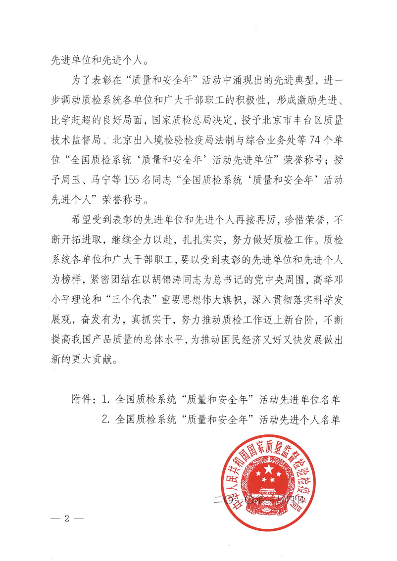 國家質(zhì)量監(jiān)督檢驗(yàn)檢疫總局《關(guān)于表彰全國質(zhì)檢系統(tǒng)“質(zhì)量和安全年”活動先進(jìn)單位和先進(jìn)個人的決定》
