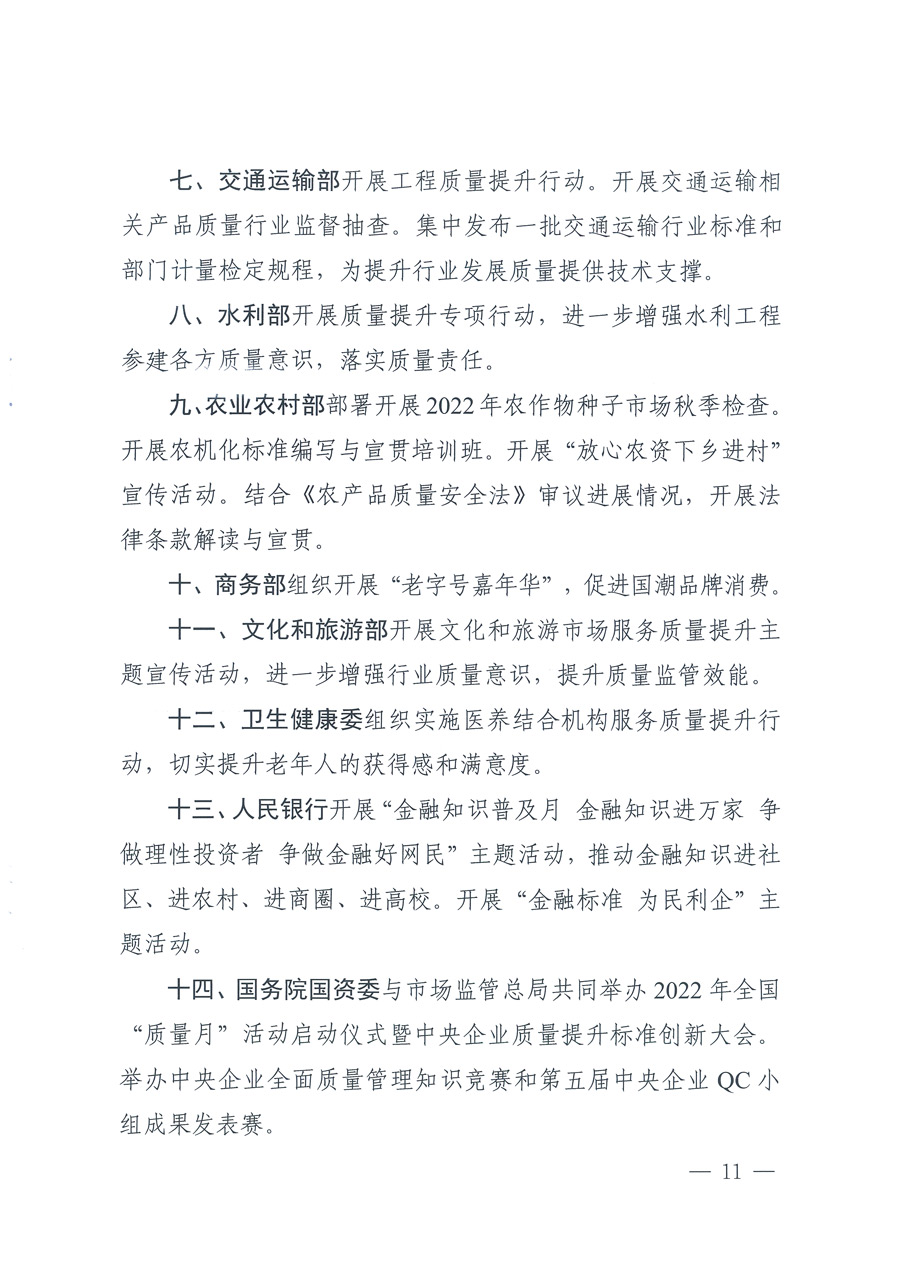 市場(chǎng)監(jiān)管總局等21個(gè)部委(部門)發(fā)文部署開展2022年全國(guó)“質(zhì)量月”活動(dòng)(國(guó)市監(jiān)質(zhì)發(fā)〔2022〕76號(hào))